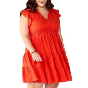 NWOT SONOMA Dress XXL Orange Crochet Embroidery Tiered Tassels Short-Slv Lined